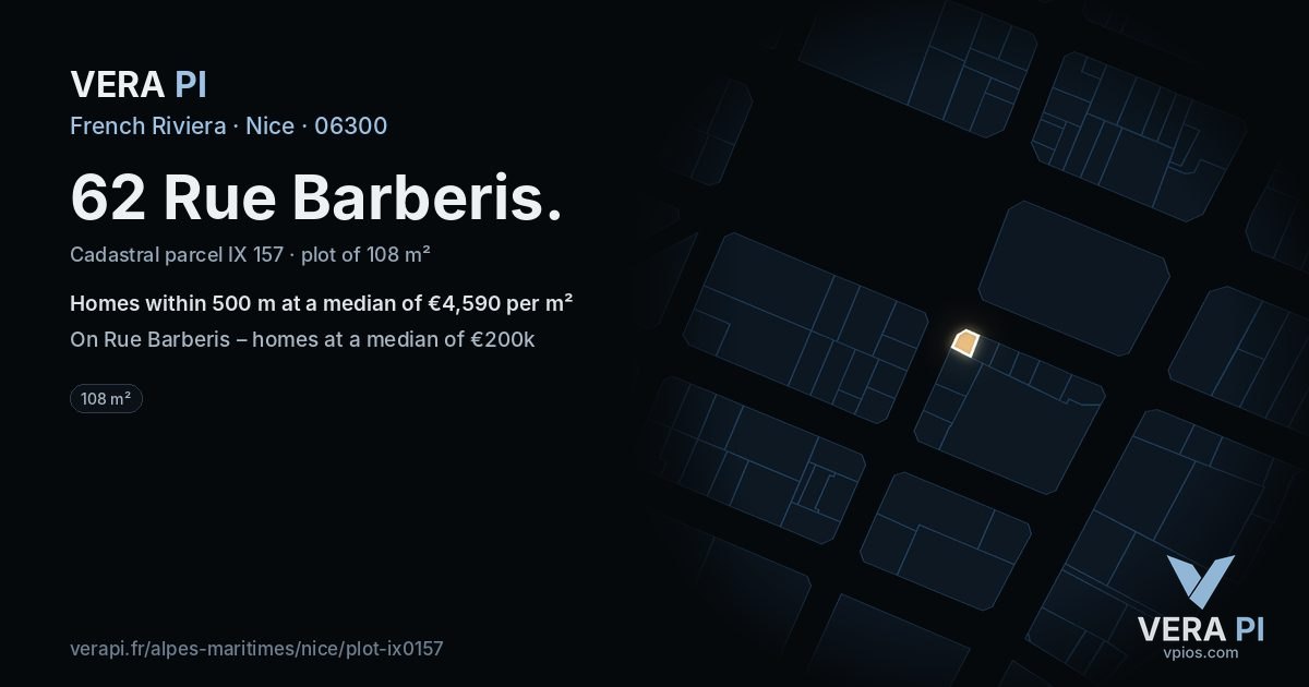 62 Rue Barberis, Nice at night – the plot lit, the parcels around coloured by the prices near them