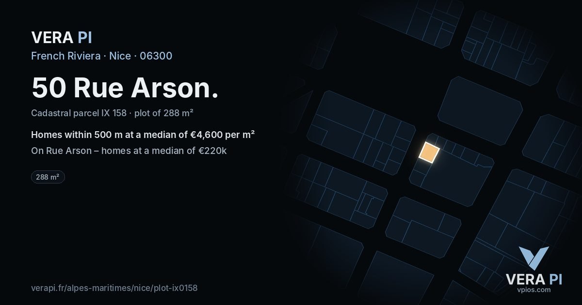 50 Rue Arson, Nice at night – the plot lit, the parcels around coloured by the prices near them