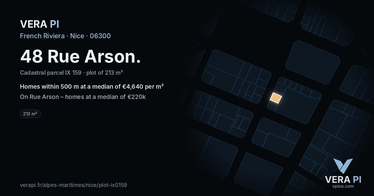 48 Rue Arson, Nice at night – the plot lit, the parcels around coloured by the prices near them