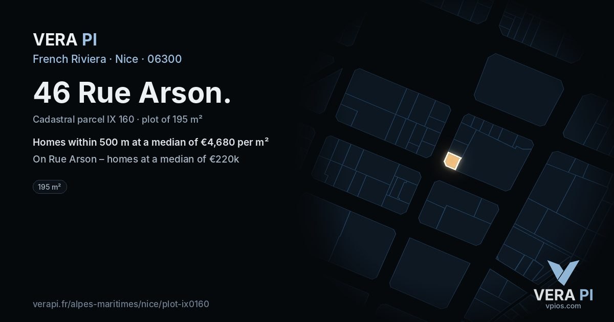 46 Rue Arson, Nice at night – the plot lit, the parcels around coloured by the prices near them