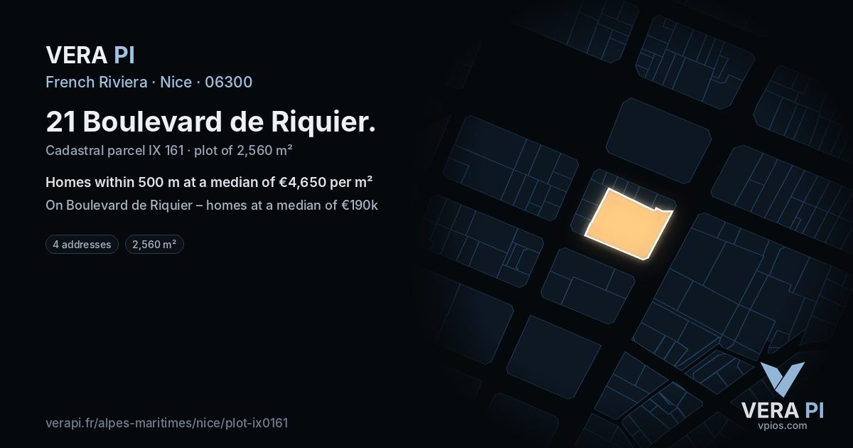 21 Boulevard de Riquier, Nice at night – the plot lit, the parcels around coloured by the prices near them