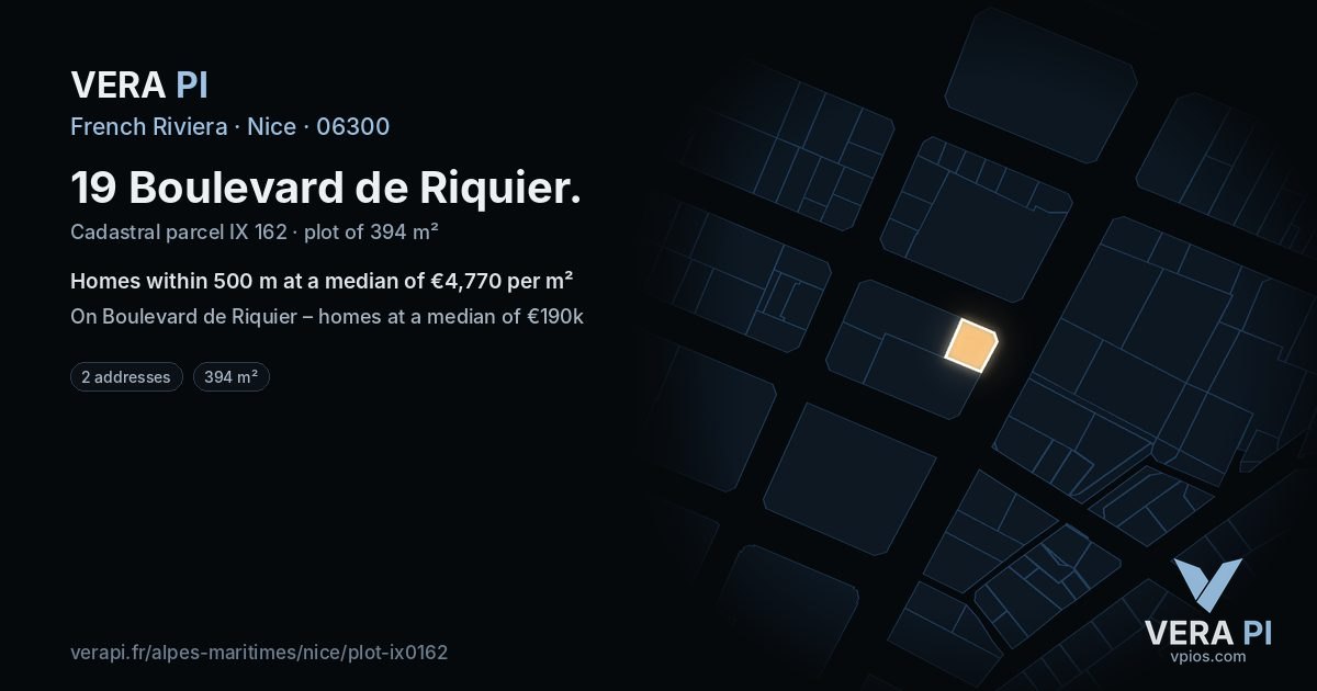 19 Boulevard de Riquier, Nice at night – the plot lit, the parcels around coloured by the prices near them