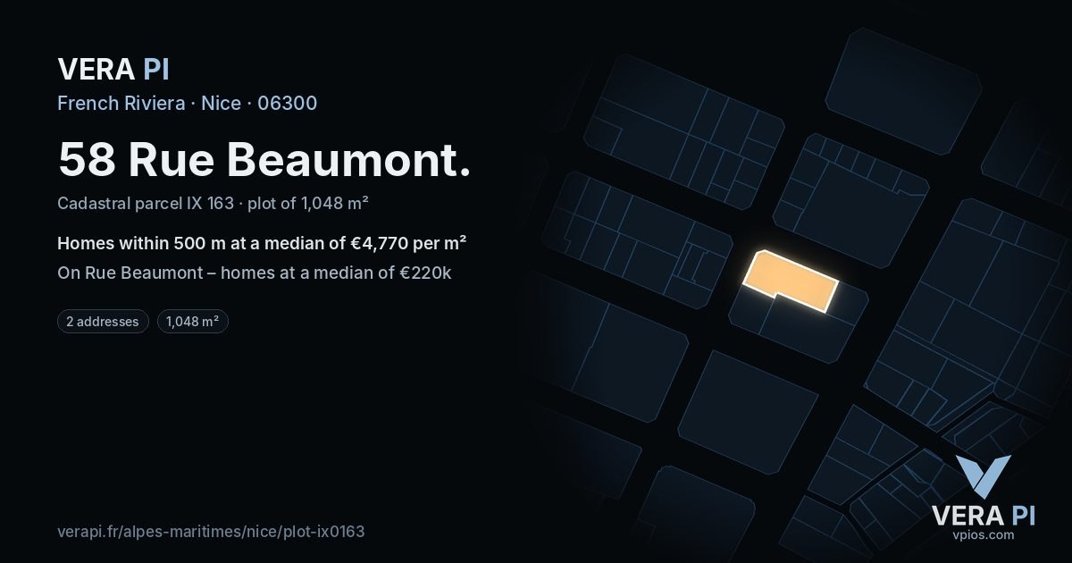 58 Rue Beaumont, Nice at night – the plot lit, the parcels around coloured by the prices near them