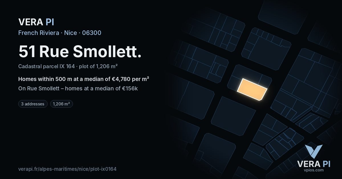 51 Rue Smollett, Nice at night – the plot lit, the parcels around coloured by the prices near them
