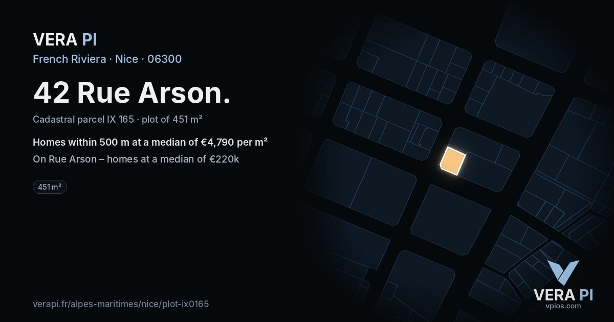 42 Rue Arson, Nice at night – the plot lit, the parcels around coloured by the prices near them