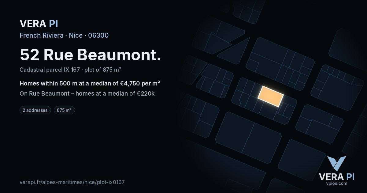 52 Rue Beaumont, Nice at night – the plot lit, the parcels around coloured by the prices near them