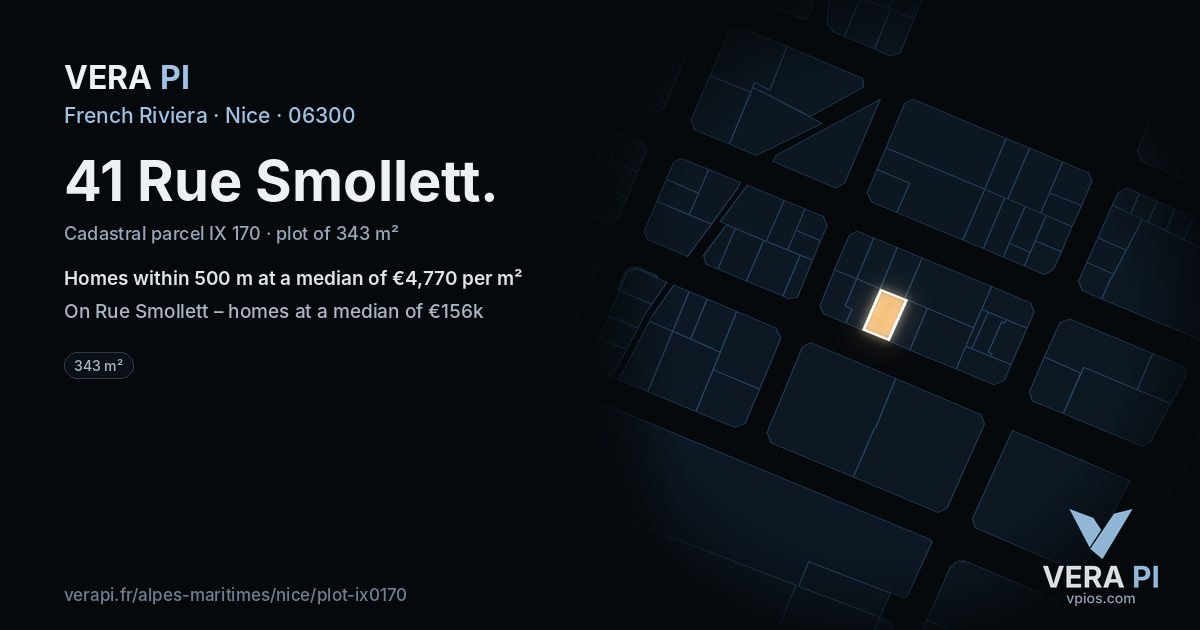 41 Rue Smollett, Nice at night – the plot lit, the parcels around coloured by the prices near them