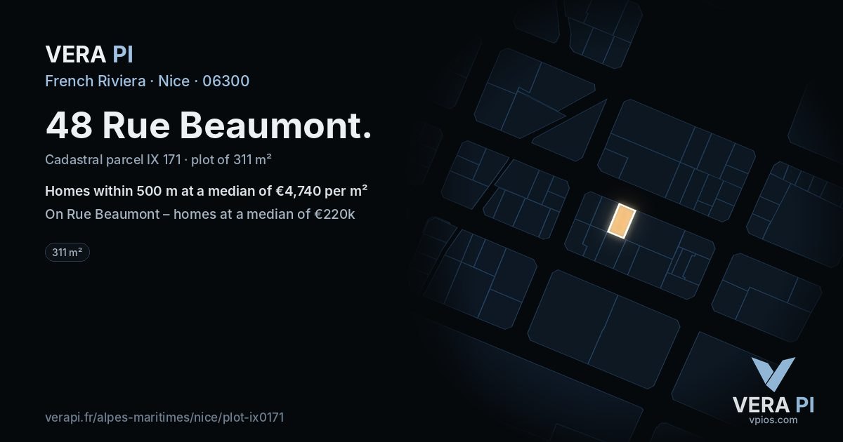 48 Rue Beaumont, Nice at night – the plot lit, the parcels around coloured by the prices near them