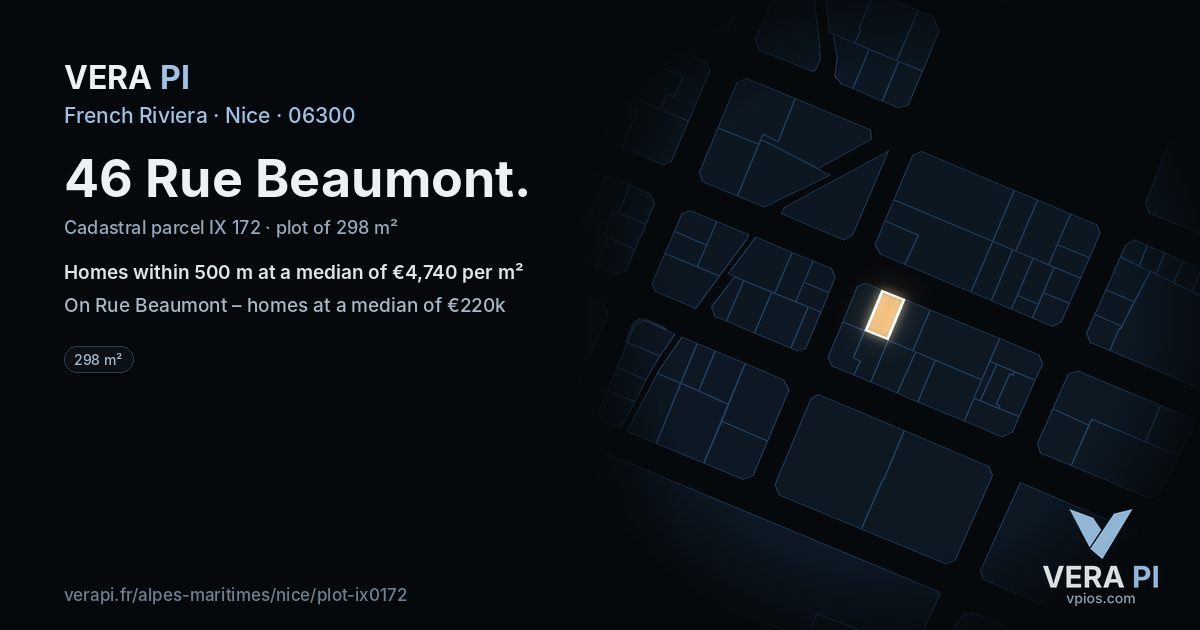 46 Rue Beaumont, Nice at night – the plot lit, the parcels around coloured by the prices near them