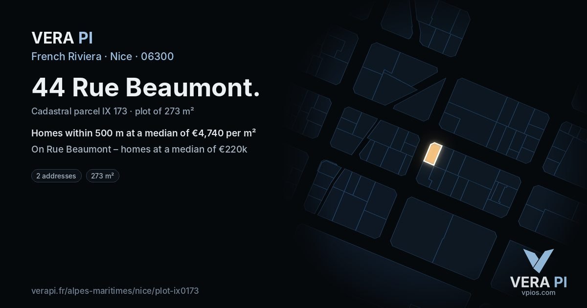 44 Rue Beaumont, Nice at night – the plot lit, the parcels around coloured by the prices near them