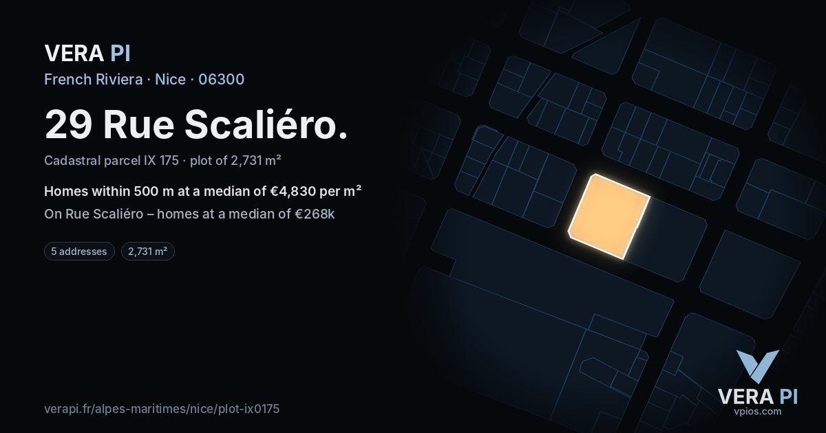 29 Rue Scaliéro, Nice at night – the plot lit, the parcels around coloured by the prices near them