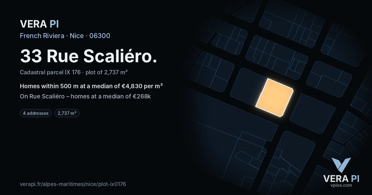 33 Rue Scaliéro, Nice at night – the plot lit, the parcels around coloured by the prices near them