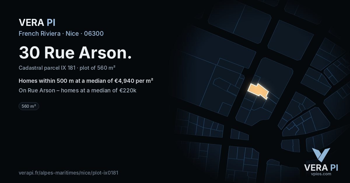 30 Rue Arson, Nice at night – the plot lit, the parcels around coloured by the prices near them