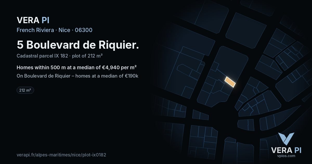 5 Boulevard de Riquier, Nice at night – the plot lit, the parcels around coloured by the prices near them