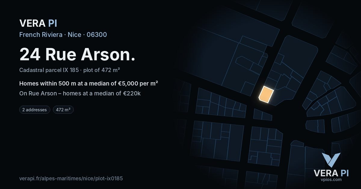 24 Rue Arson, Nice at night – the plot lit, the parcels around coloured by the prices near them