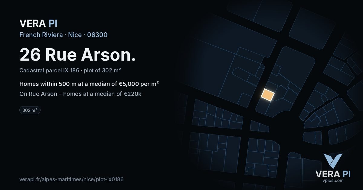26 Rue Arson, Nice at night – the plot lit, the parcels around coloured by the prices near them
