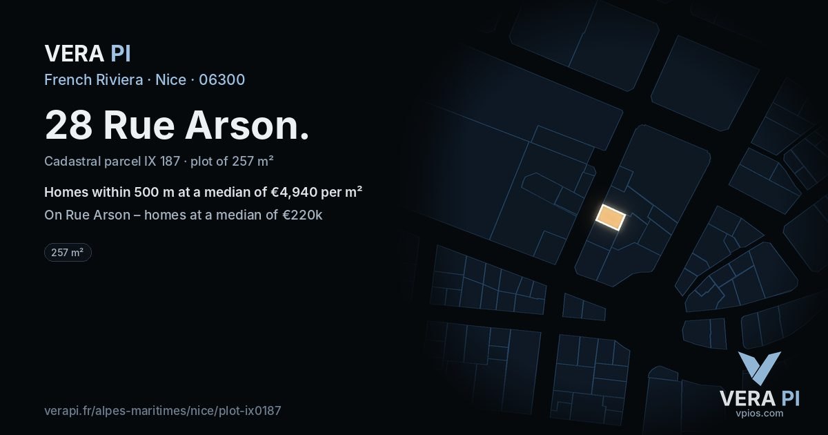 28 Rue Arson, Nice at night – the plot lit, the parcels around coloured by the prices near them