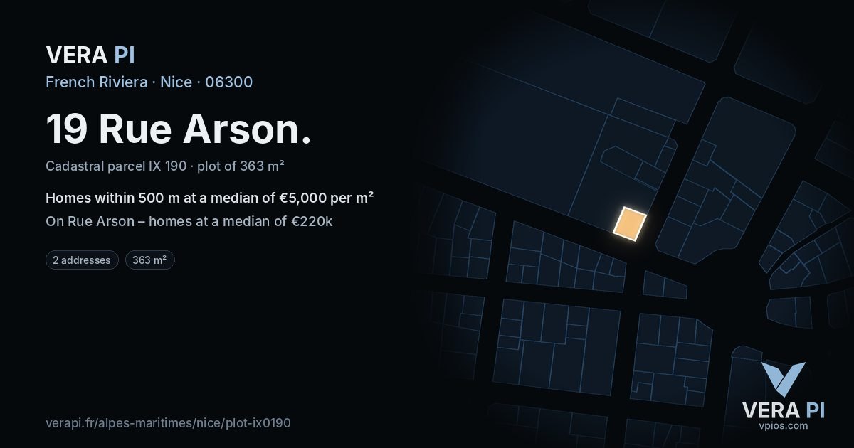 19 Rue Arson, Nice at night – the plot lit, the parcels around coloured by the prices near them
