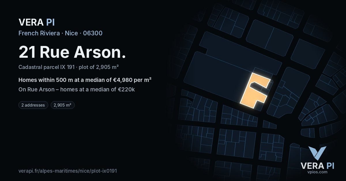 21 Rue Arson, Nice at night – the plot lit, the parcels around coloured by the prices near them