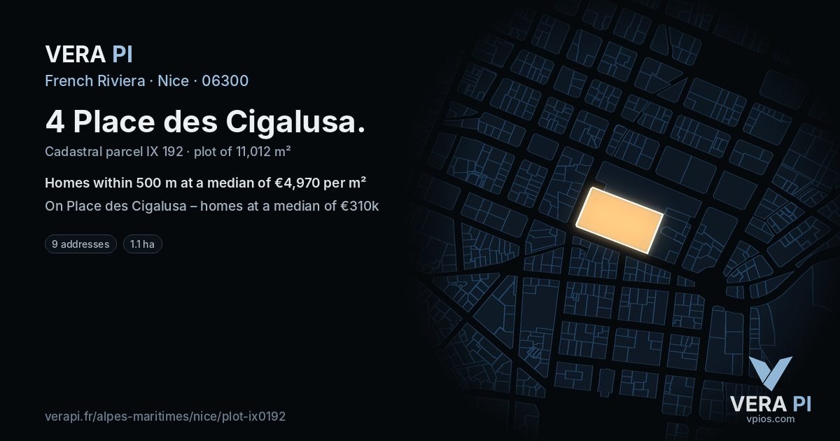 4 Place des Cigalusa, Nice at night – the plot lit, the parcels around coloured by the prices near them