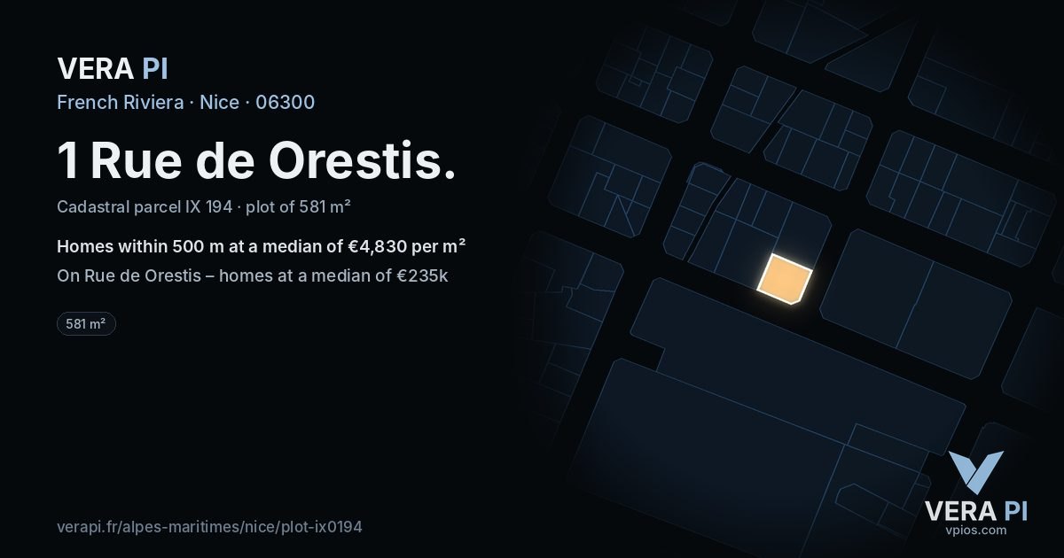 1 Rue de Orestis, Nice at night – the plot lit, the parcels around coloured by the prices near them