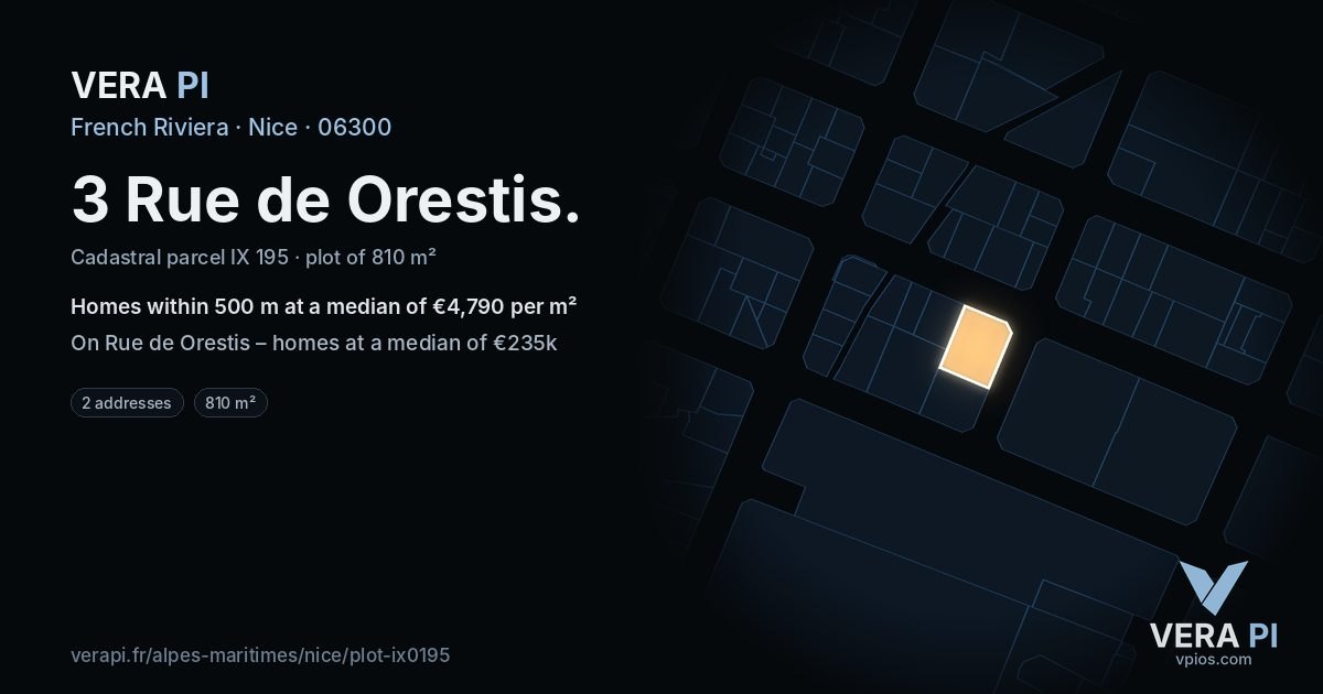 3 Rue de Orestis, Nice at night – the plot lit, the parcels around coloured by the prices near them