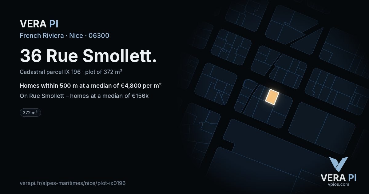 36 Rue Smollett, Nice at night – the plot lit, the parcels around coloured by the prices near them