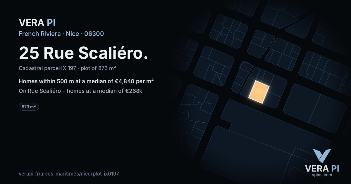 25 Rue Scaliéro, Nice at night – the plot lit, the parcels around coloured by the prices near them