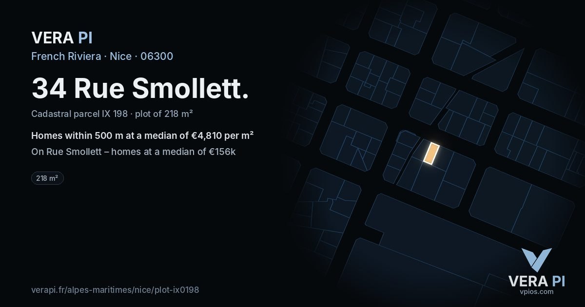 34 Rue Smollett, Nice at night – the plot lit, the parcels around coloured by the prices near them