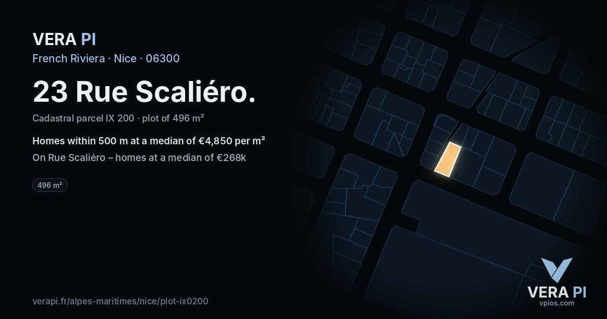 23 Rue Scaliéro, Nice at night – the plot lit, the parcels around coloured by the prices near them