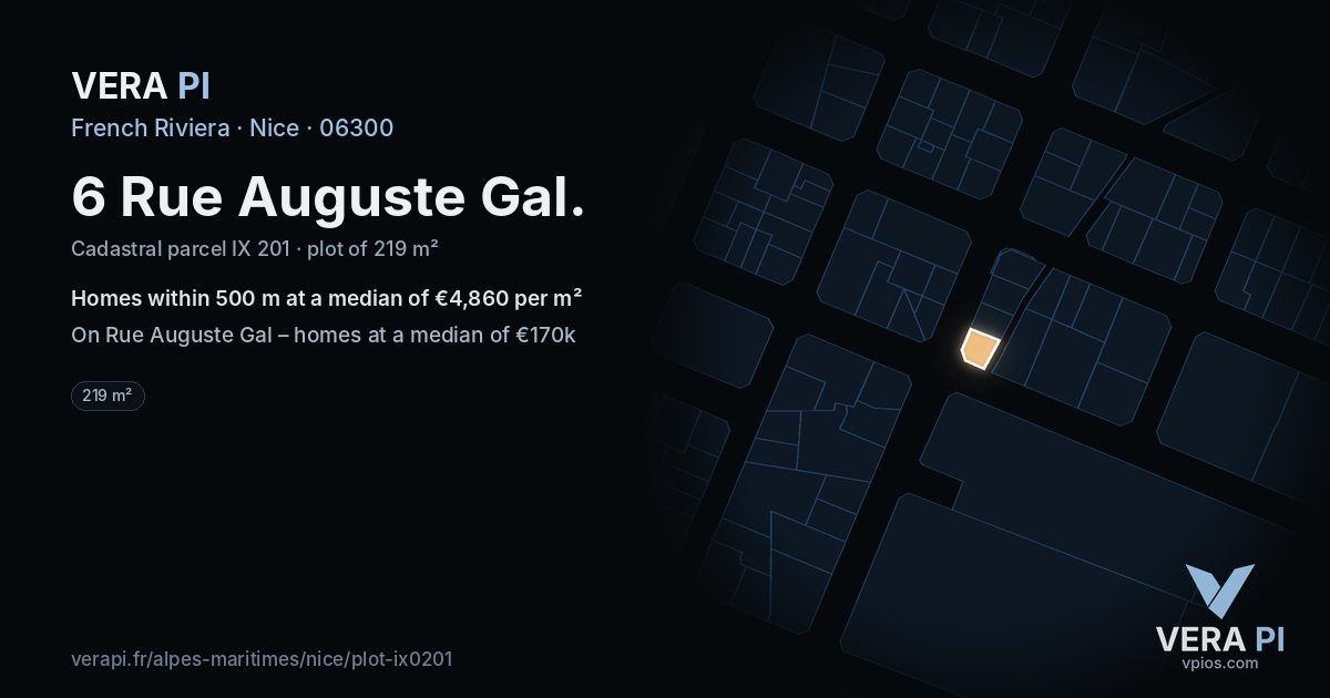6 Rue Auguste Gal, Nice at night – the plot lit, the parcels around coloured by the prices near them