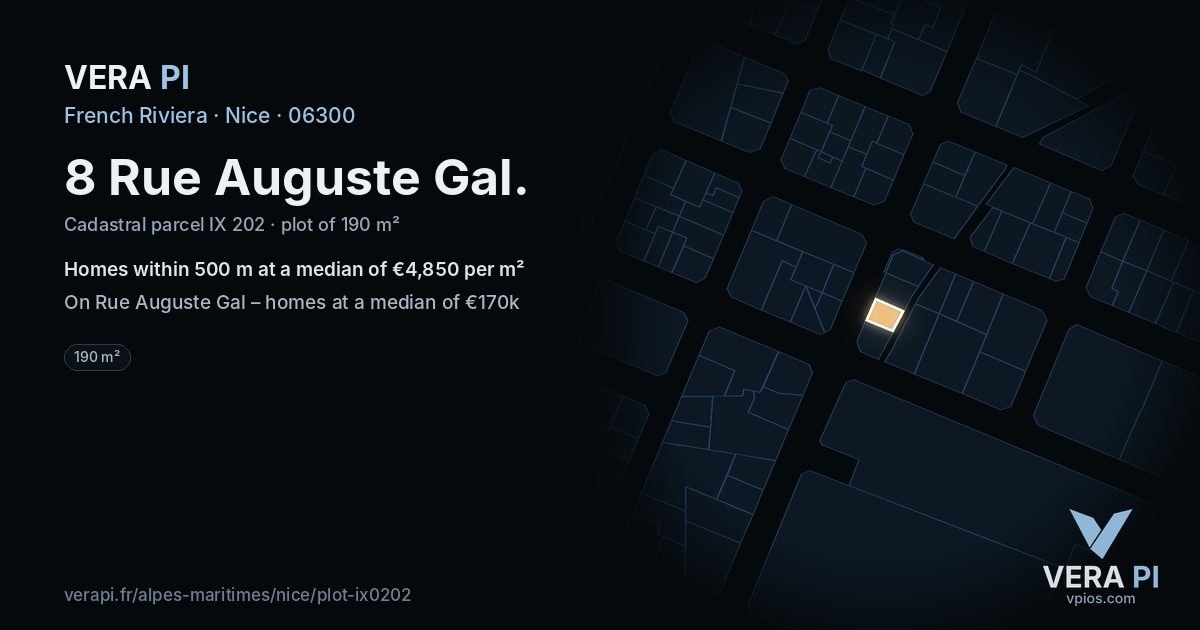 8 Rue Auguste Gal, Nice at night – the plot lit, the parcels around coloured by the prices near them