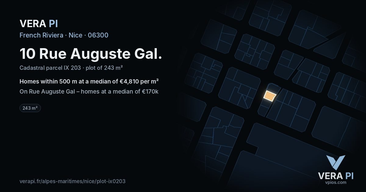 10 Rue Auguste Gal, Nice at night – the plot lit, the parcels around coloured by the prices near them