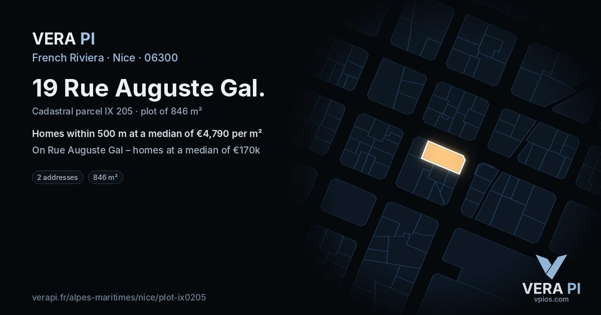 19 Rue Auguste Gal, Nice at night – the plot lit, the parcels around coloured by the prices near them
