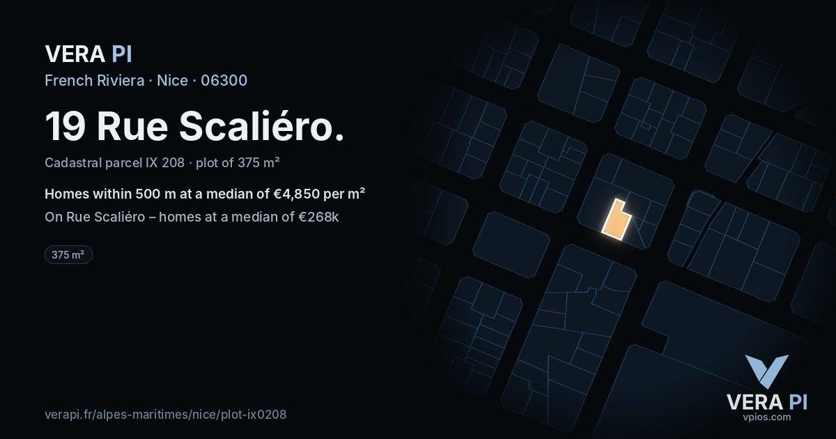 19 Rue Scaliéro, Nice at night – the plot lit, the parcels around coloured by the prices near them