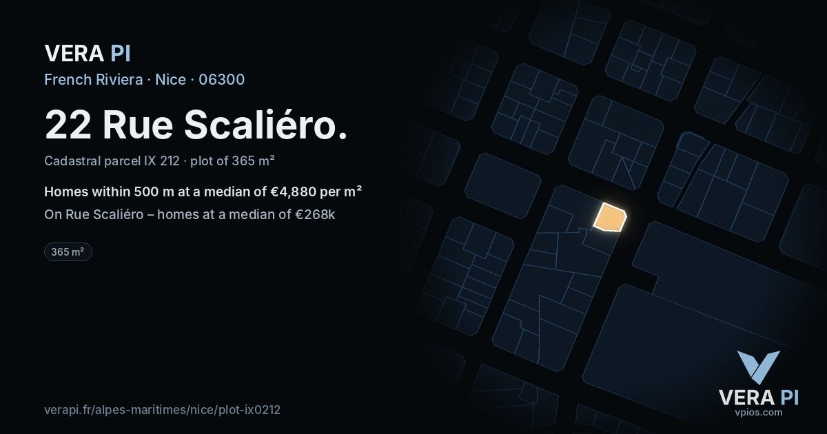 22 Rue Scaliéro, Nice at night – the plot lit, the parcels around coloured by the prices near them
