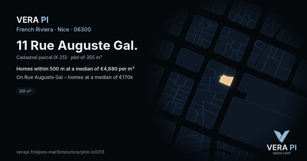 11 Rue Auguste Gal, Nice at night – the plot lit, the parcels around coloured by the prices near them