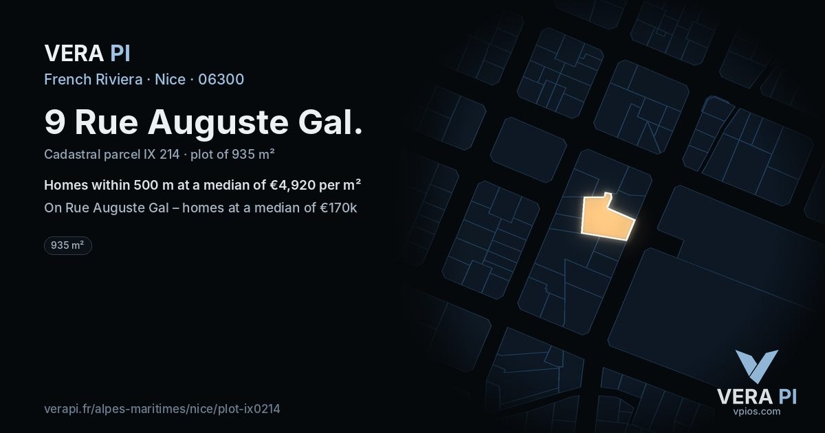 9 Rue Auguste Gal, Nice at night – the plot lit, the parcels around coloured by the prices near them
