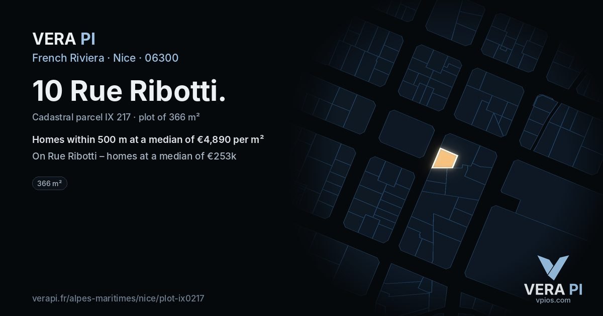 10 Rue Ribotti, Nice at night – the plot lit, the parcels around coloured by the prices near them
