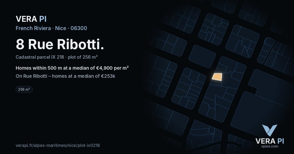 8 Rue Ribotti, Nice at night – the plot lit, the parcels around coloured by the prices near them