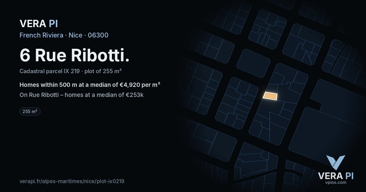 6 Rue Ribotti, Nice at night – the plot lit, the parcels around coloured by the prices near them