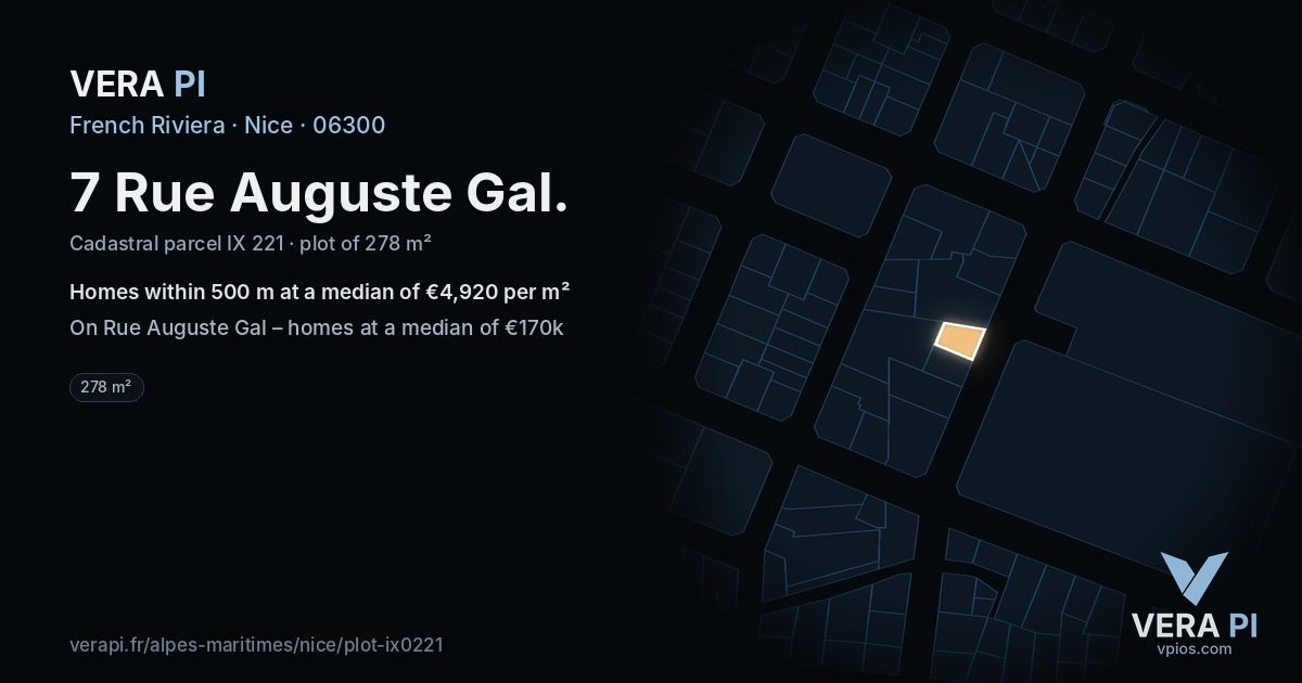 7 Rue Auguste Gal, Nice at night – the plot lit, the parcels around coloured by the prices near them