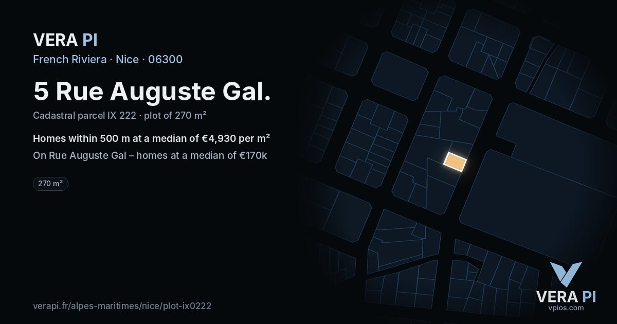 5 Rue Auguste Gal, Nice at night – the plot lit, the parcels around coloured by the prices near them