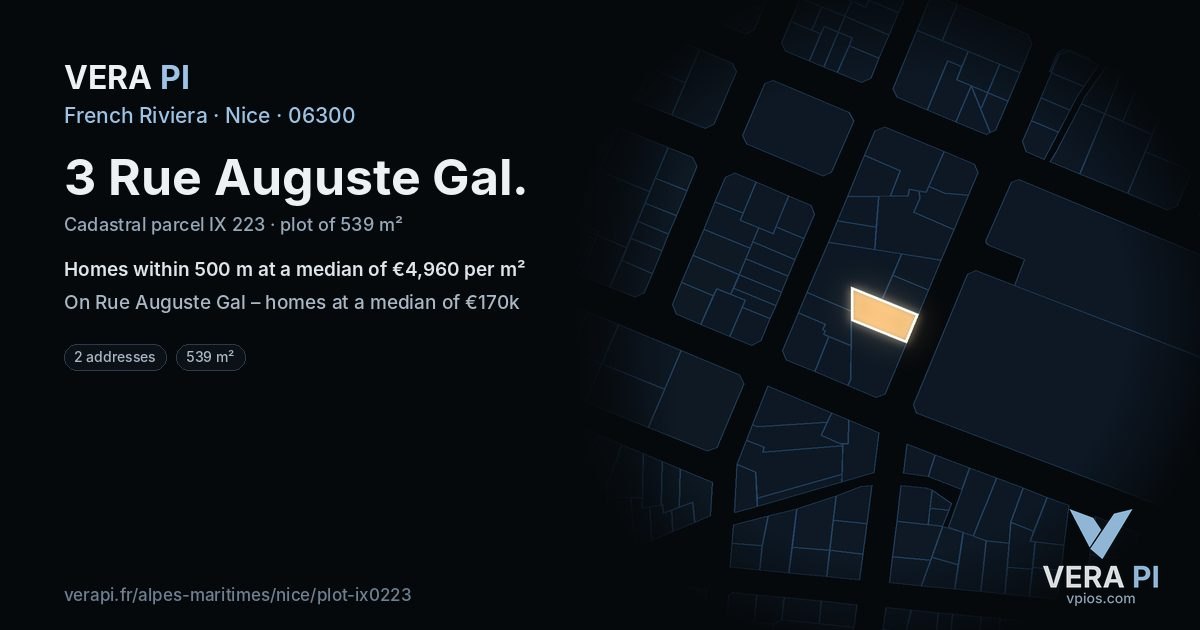 3 Rue Auguste Gal, Nice at night – the plot lit, the parcels around coloured by the prices near them