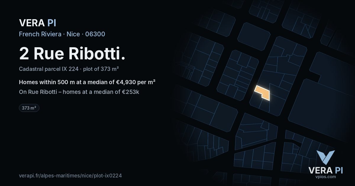 2 Rue Ribotti, Nice at night – the plot lit, the parcels around coloured by the prices near them