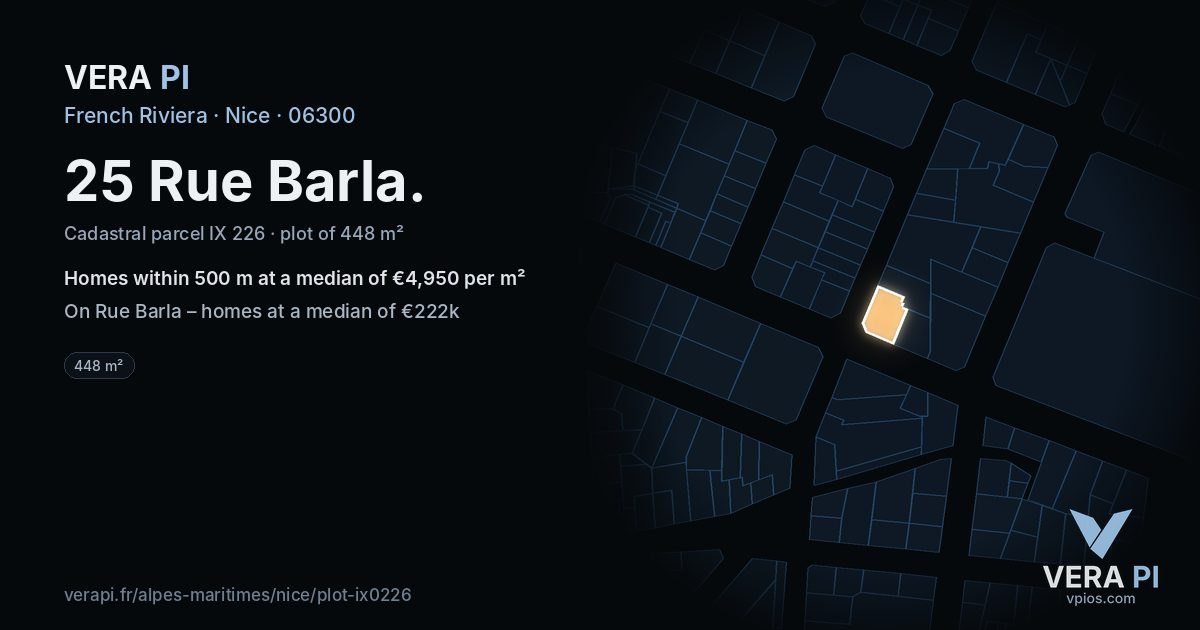 25 Rue Barla, Nice at night – the plot lit, the parcels around coloured by the prices near them