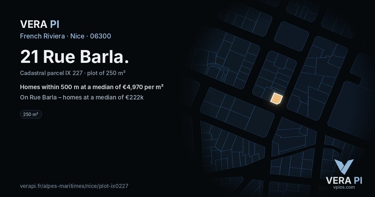 21 Rue Barla, Nice at night – the plot lit, the parcels around coloured by the prices near them