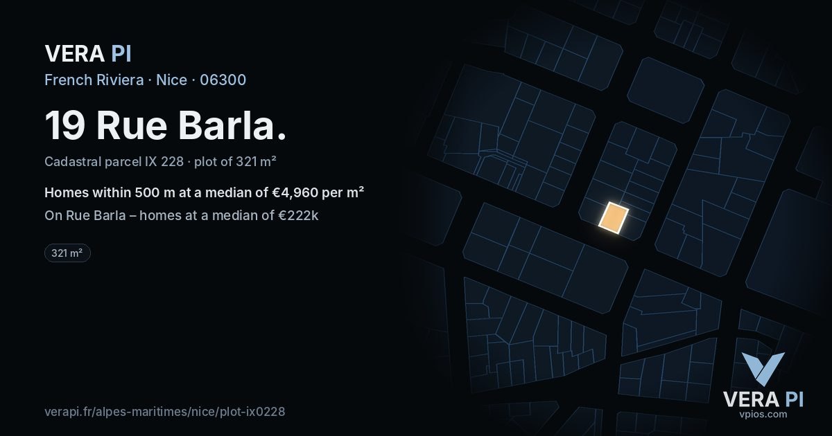 19 Rue Barla, Nice at night – the plot lit, the parcels around coloured by the prices near them