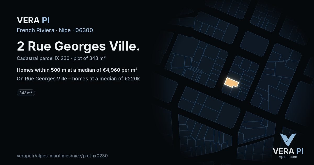 2 Rue Georges Ville, Nice at night – the plot lit, the parcels around coloured by the prices near them