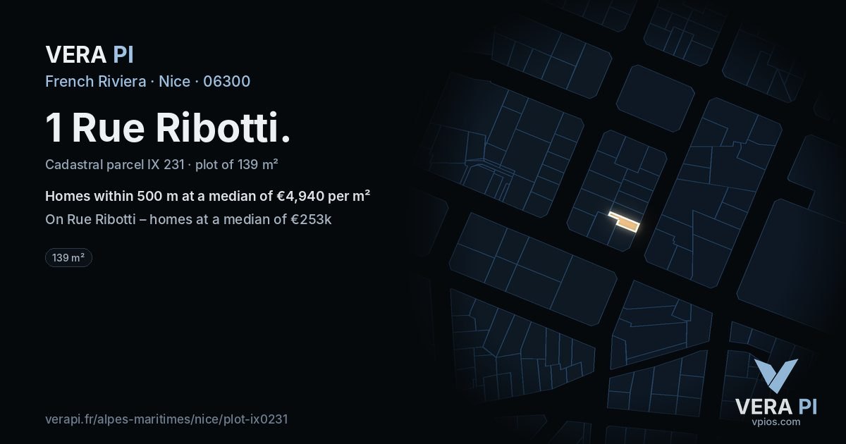 1 Rue Ribotti, Nice at night – the plot lit, the parcels around coloured by the prices near them
